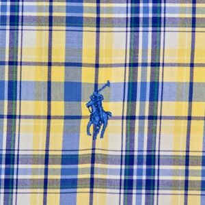 Ralph Lauren Mens Classic Fit Plaid Short Sleeve Button Down Shirt Yellow Blue L